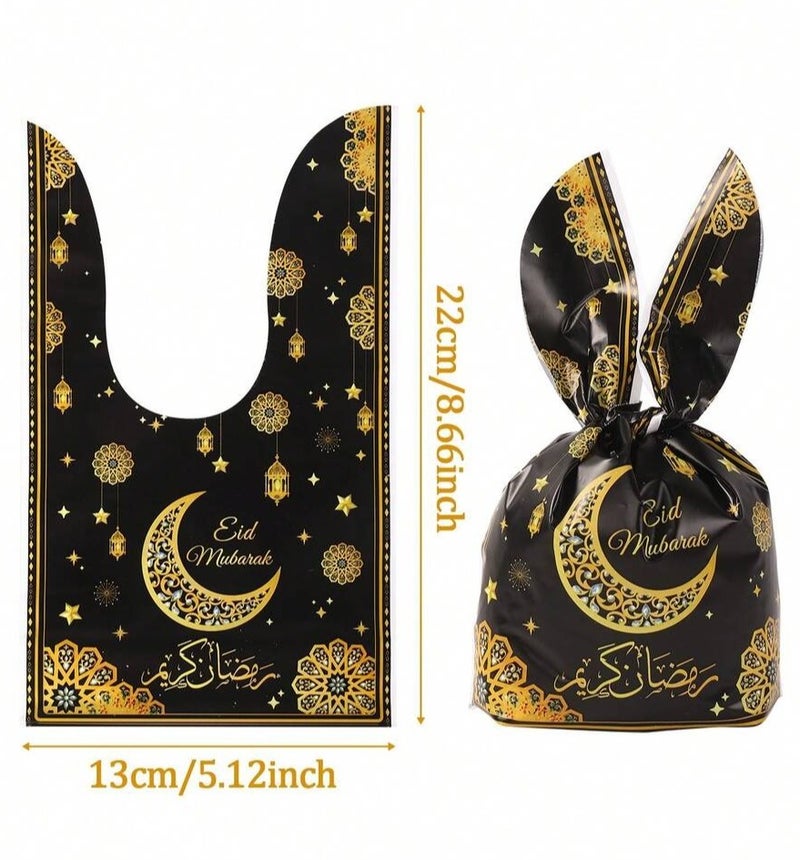 Ramadan & Eid Party Favors – 25pcs Black Gift Wrapping Bags with Crescent Star “Eid Mubarak / Ramadan Kareem” Design for Candy and Decorations - Image 2